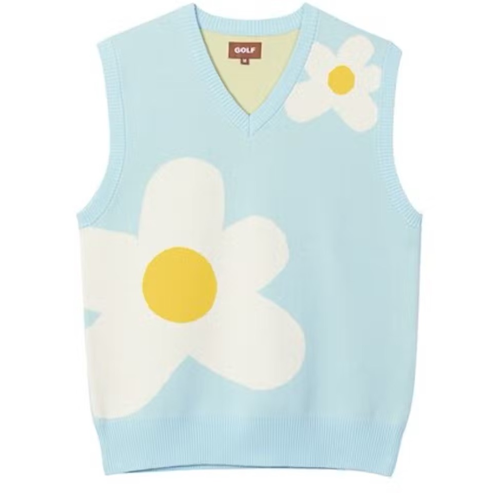 Golf Le Fleur Blue V-Neck Sweater with Floral Design SS19
